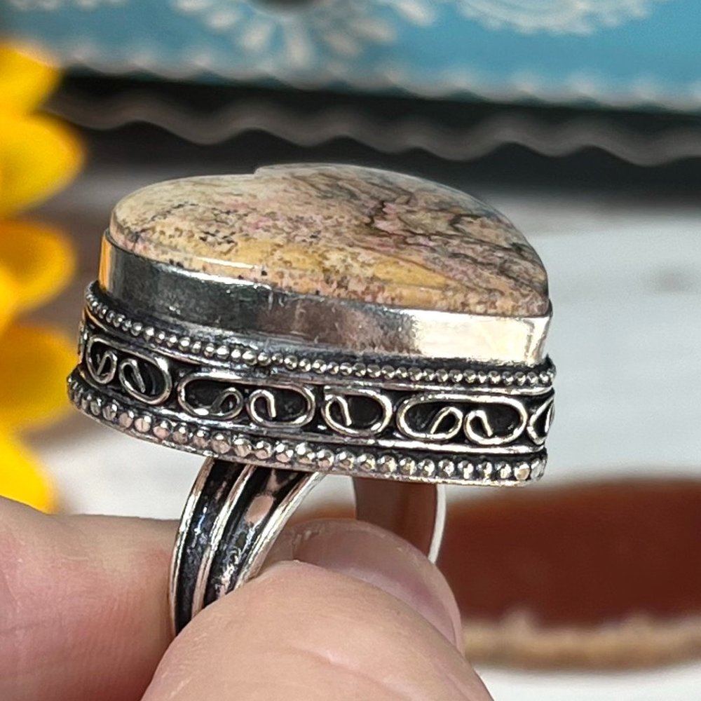 Picture Jasper Ring Heart Handmade Gemstone Crystal Antique Design 925 Silver - Picture 9 of 11